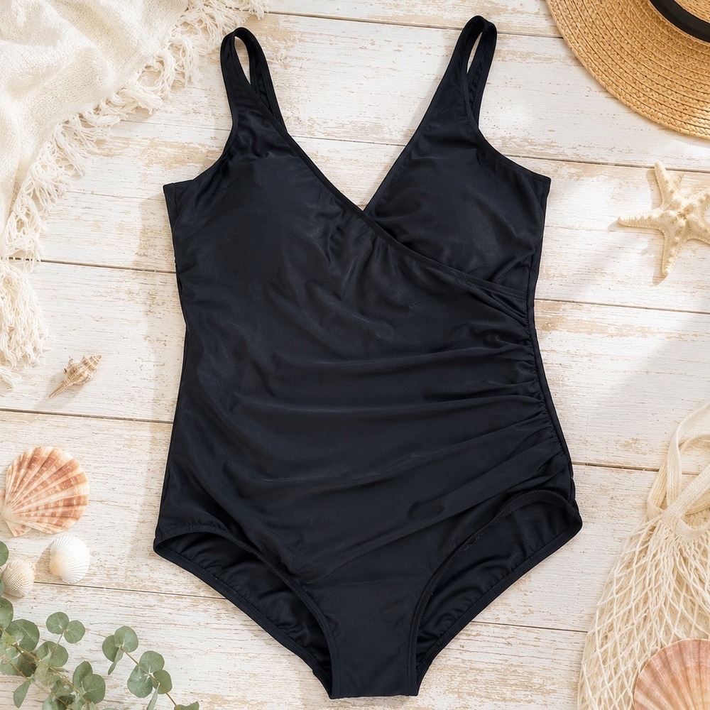 Vintage LL Bean Black One Piece Swimsuit‎ Ruched V-Neck Size 16 Classic USA Made